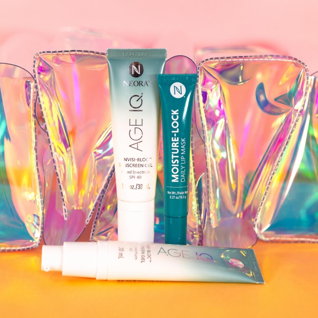 Neora's invisi-bloc and Lip mask in front of a color background.